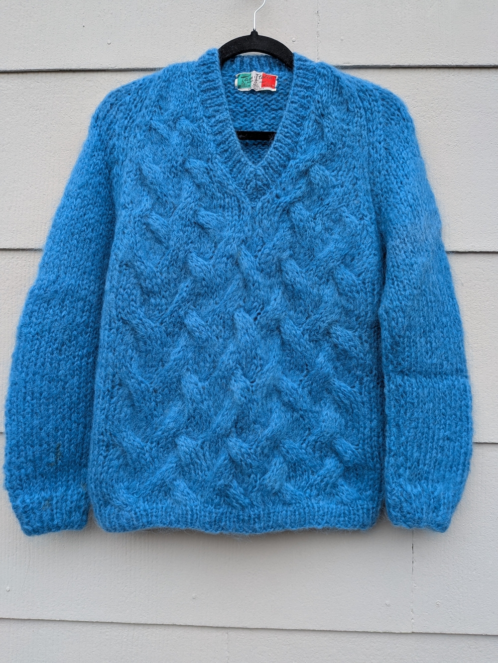 Vintage Blue Wool/Mohair Cable-Knit V-Neck Sweater